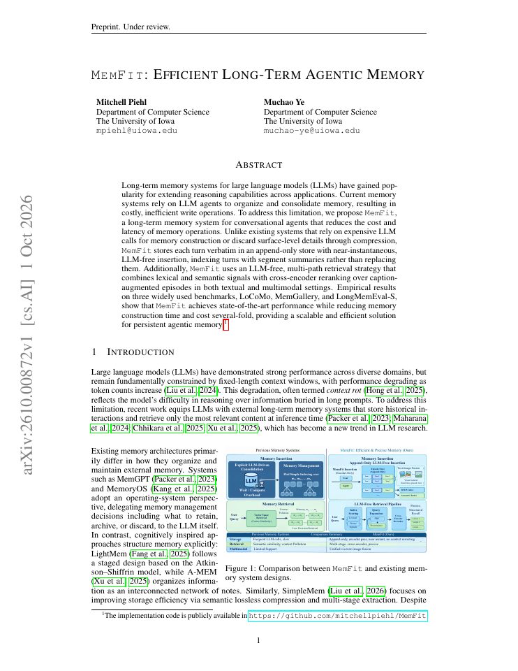 First page of MemFit: Efficient Long-Term Agentic Memory