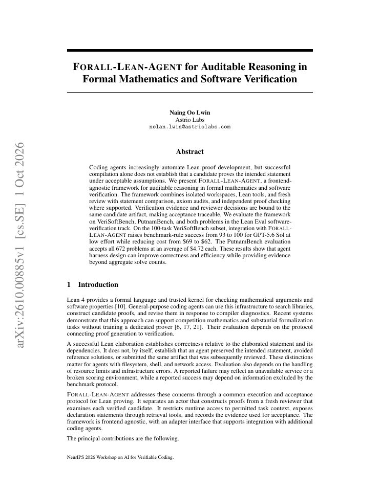 First page of FORALL-LEAN-AGENT for Auditable Reasoning in Formal Mathematics and Software Verification