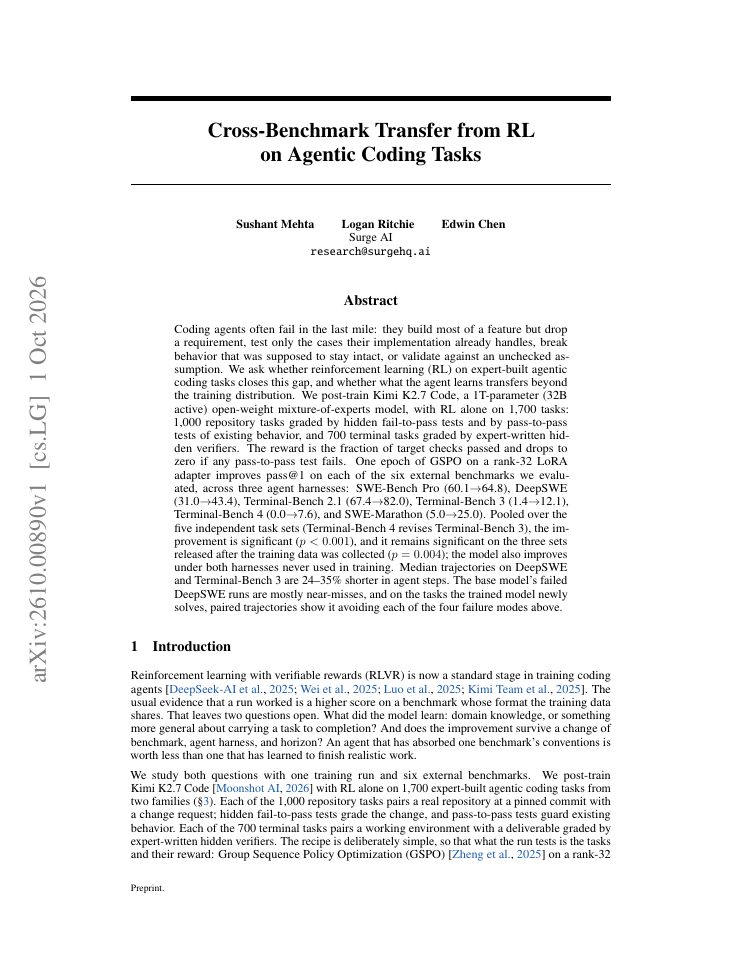 First page of Cross-Benchmark Transfer from RL on Agentic Coding Tasks