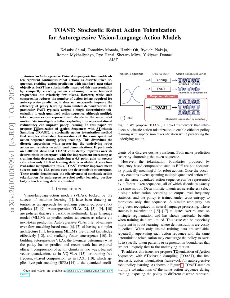 First page of TOAST: Stochastic Robot Action Tokenization for Autoregressive Vision-Language-Action Models