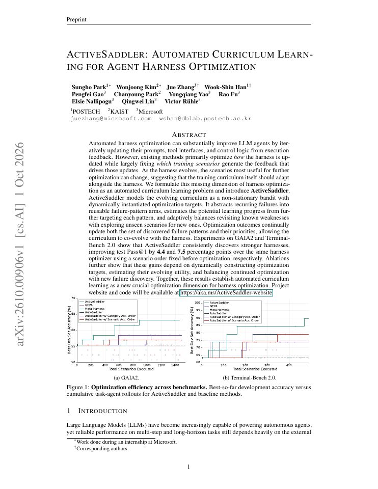 First page of ActiveSaddler: Automated Curriculum Learning for Agent Harness Optimization