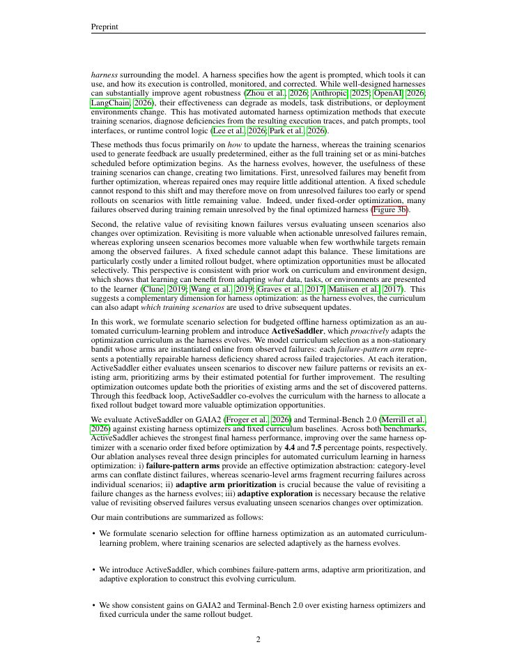 Page 2 of ActiveSaddler: Automated Curriculum Learning for Agent Harness Optimization