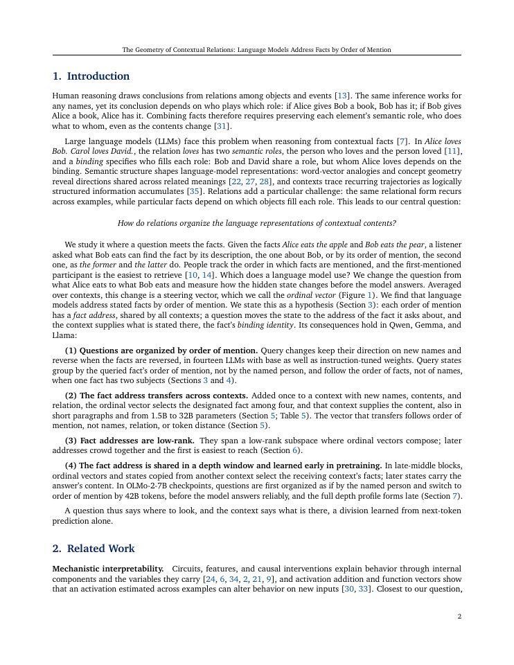 Page 2 of The Geometry of Contextual Relations: Language Models Address Facts by Order of Mention