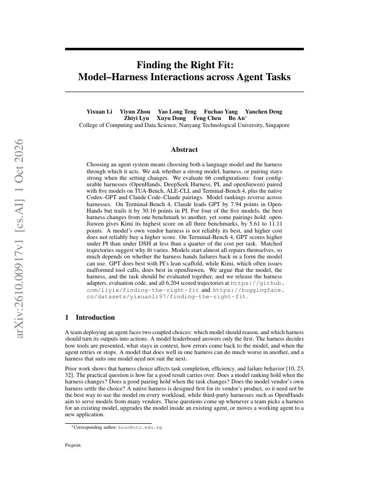 First page of Finding the Right Fit: Model-Harness Interactions across Agent Tasks
