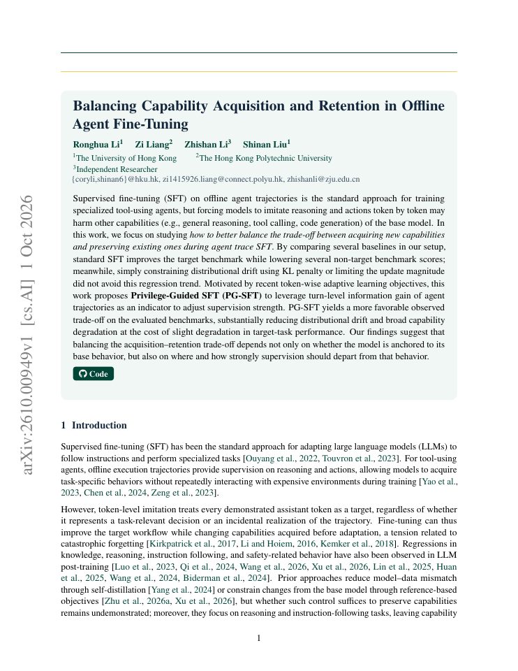 First page of PG-SFT: Balancing Capability Acquisition and Retention in Offline Agent Fine-Tuning