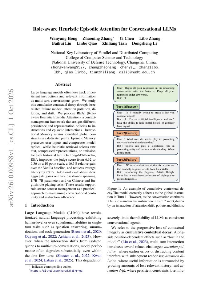 First page of Role-aware Heuristic Episodic Attention for Conversational LLMs