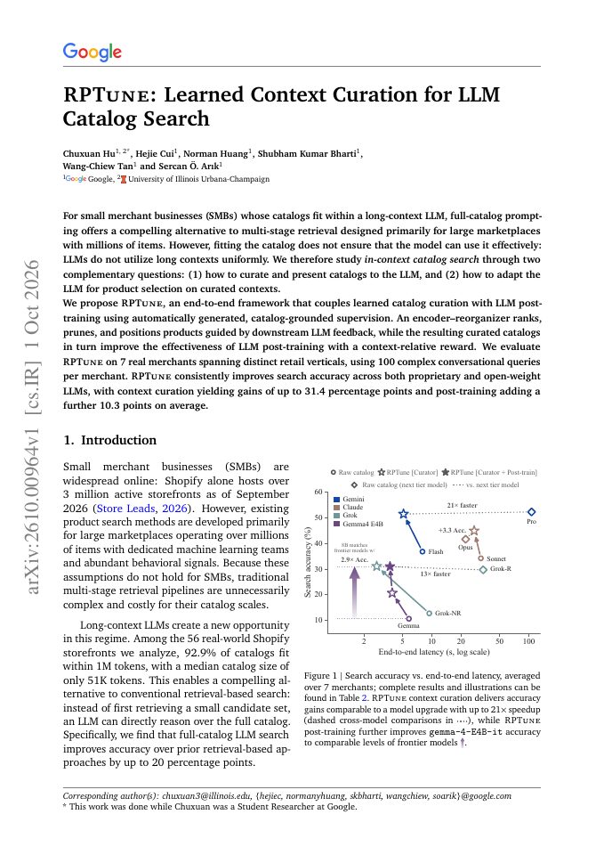 First page of RPTune: Learned Context Curation for LLM Catalog Search