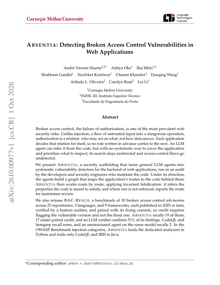 First page of ABSENTIA: Detecting Broken Access Control Vulnerabilities in Web Applications
