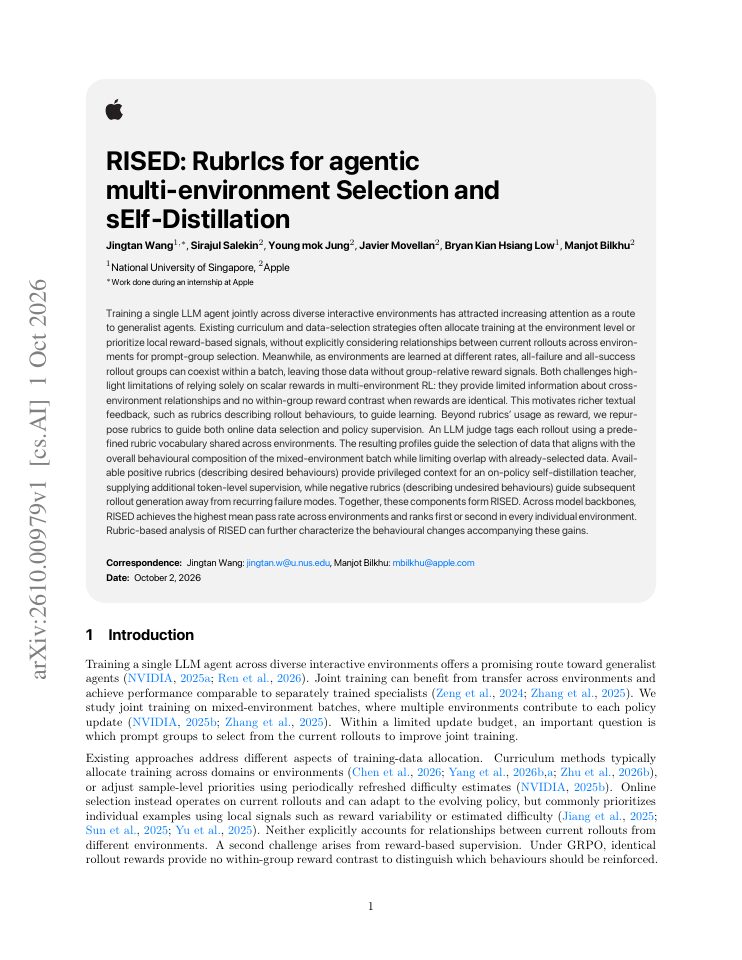 First page of RISED: RubrIcs for agentic multi-environment Selection and sElf-Distillation