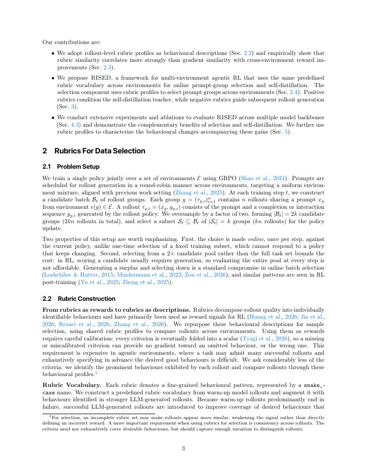 Page 3 of RISED: RubrIcs for agentic multi-environment Selection and sElf-Distillation