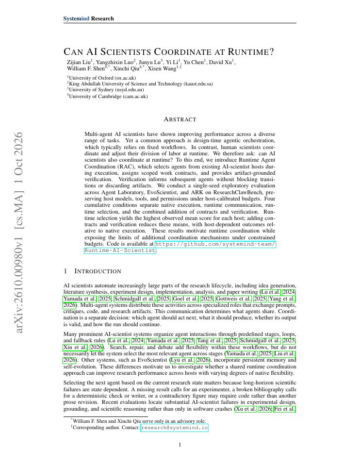 First page of Can AI Scientists Coordinate at Runtime?