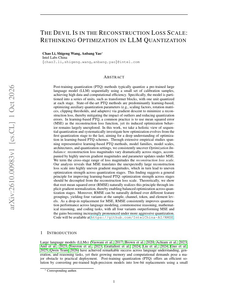 First page of The Devil Is in the Reconstruction Loss Scale: Rethinking Optimization in LLM Quantization