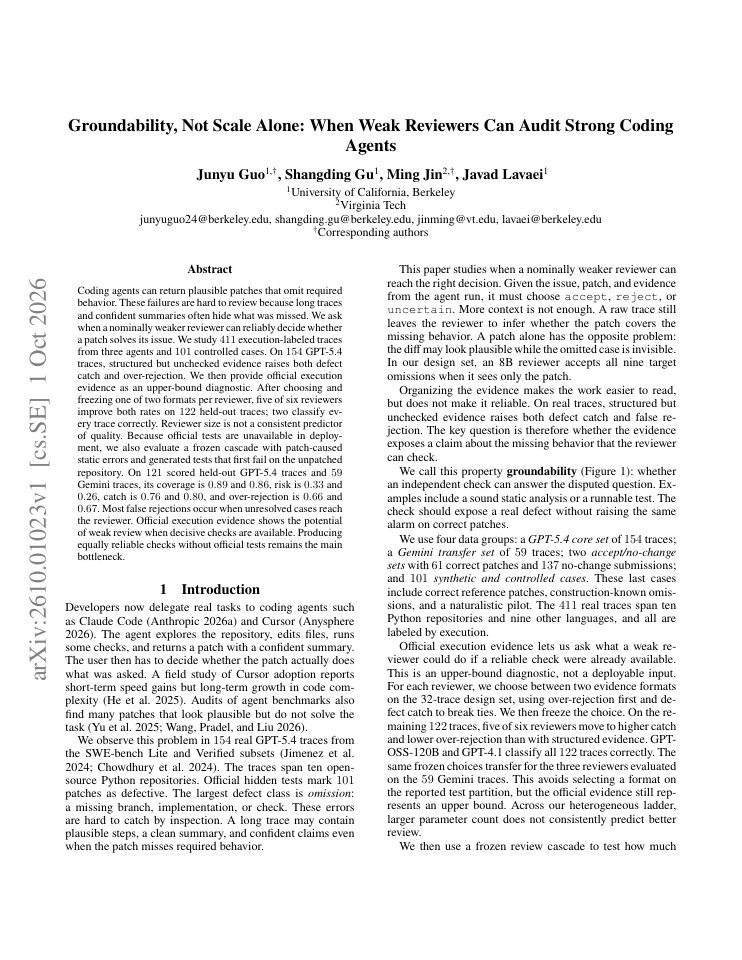 First page of Groundability, Not Scale Alone: When Weak Reviewers Can Audit Strong Coding Agents