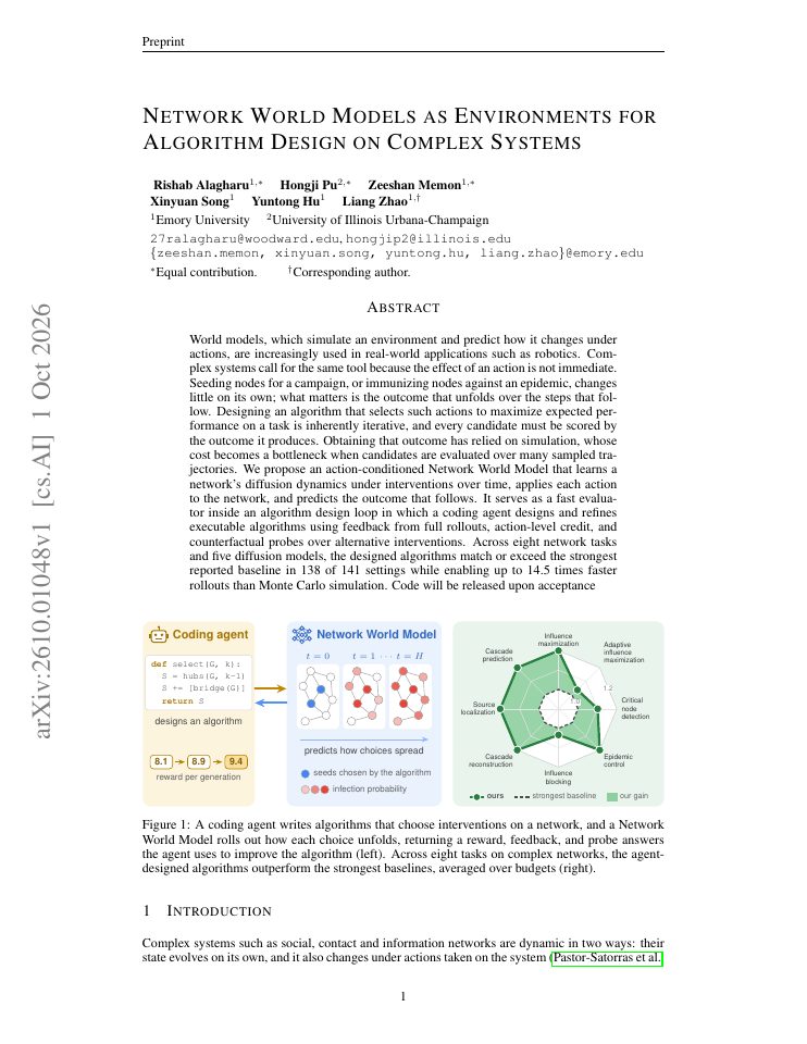 First page of Network World Models as Environments for Algorithm Design on Complex Systems