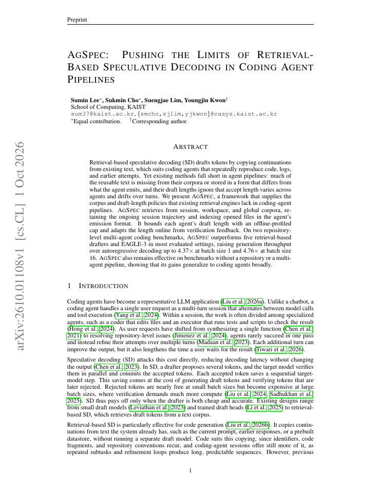 First page of AgSpec: Pushing the Limits of Retrieval-Based Speculative Decoding in Coding Agent Pipelines