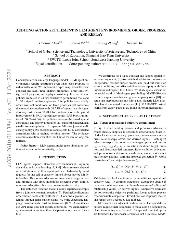 First page of Auditing Action Settlement in LLM Agent Environments: Order, Progress, and Replay