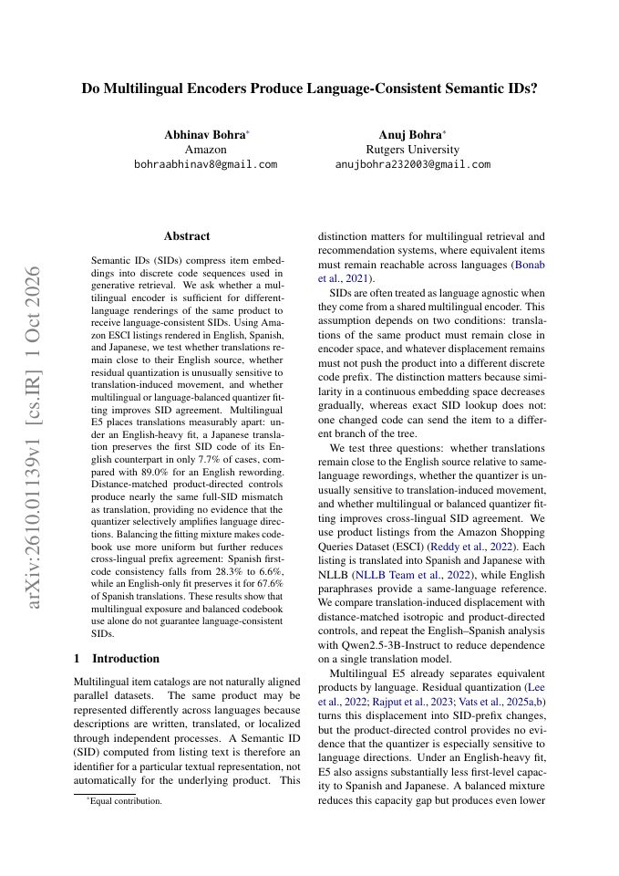 First page of Do Multilingual Encoders Produce Language-Consistent Semantic IDs?