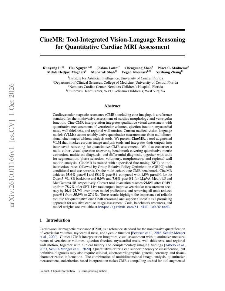 First page of CineMR: Tool-Integrated Vision-Language Reasoning for Quantitative Cardiac MRI Assessment
