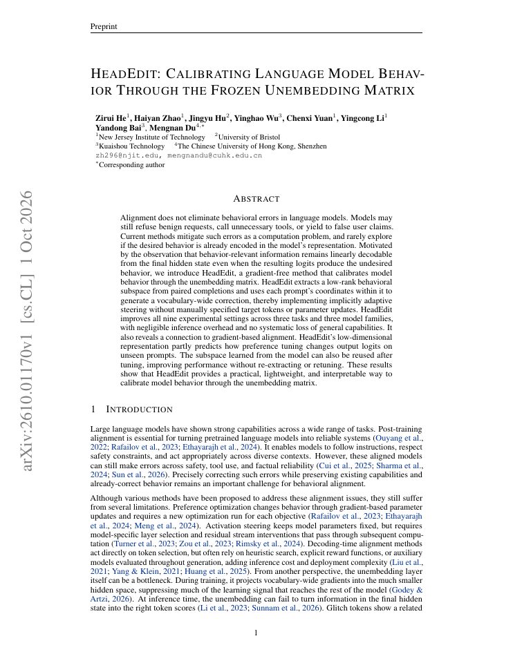 First page of HeadEdit: Calibrating Language Model Behavior Through the Frozen Unembedding Matrix