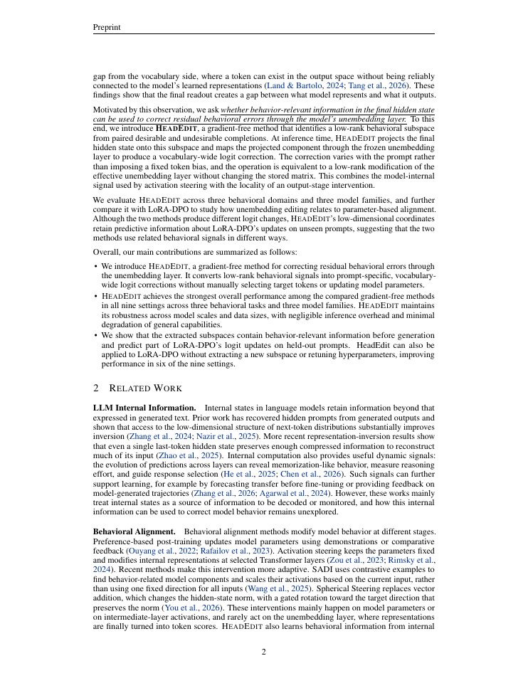 Page 2 of HeadEdit: Calibrating Language Model Behavior Through the Frozen Unembedding Matrix