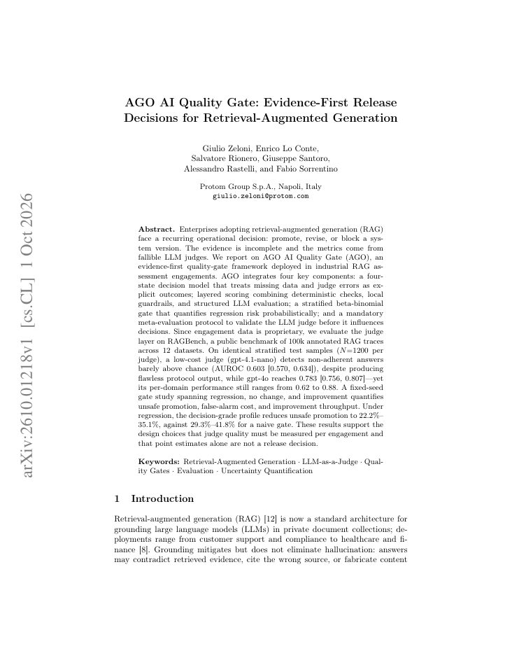 First page of AGO AI Quality Gate: Evidence-First Release Decisions for Retrieval-Augmented Generation