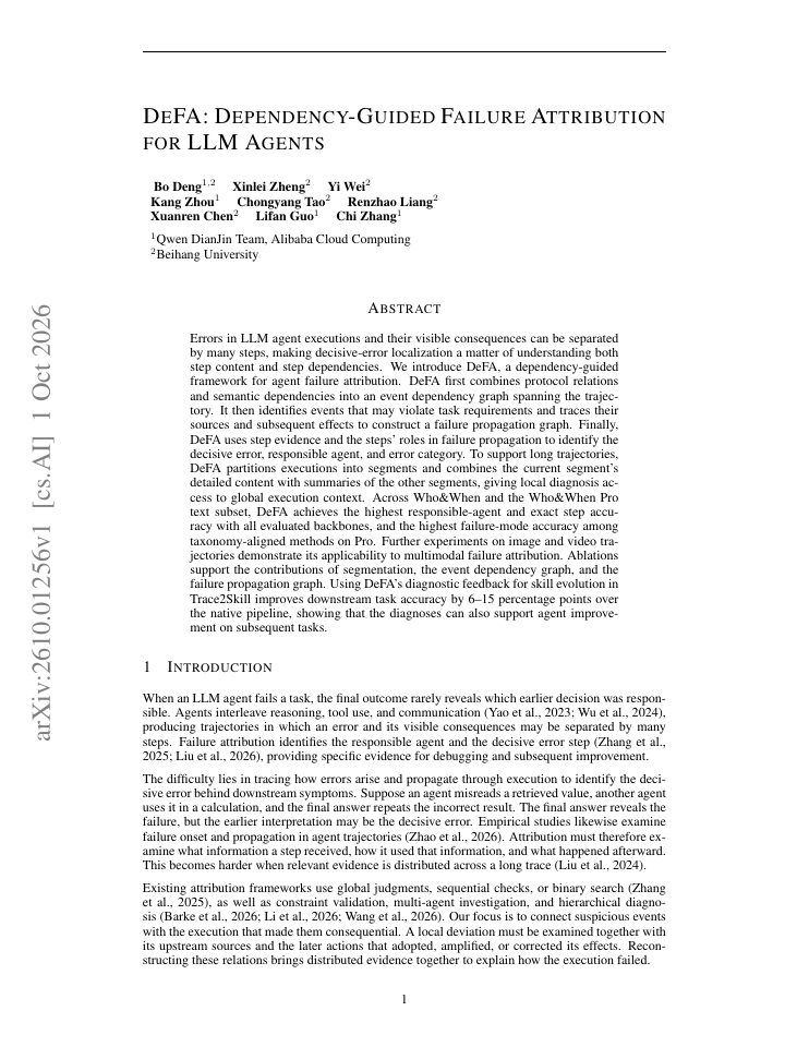 First page of DeFA: Dependency-Guided Failure Attribution for LLM Agents