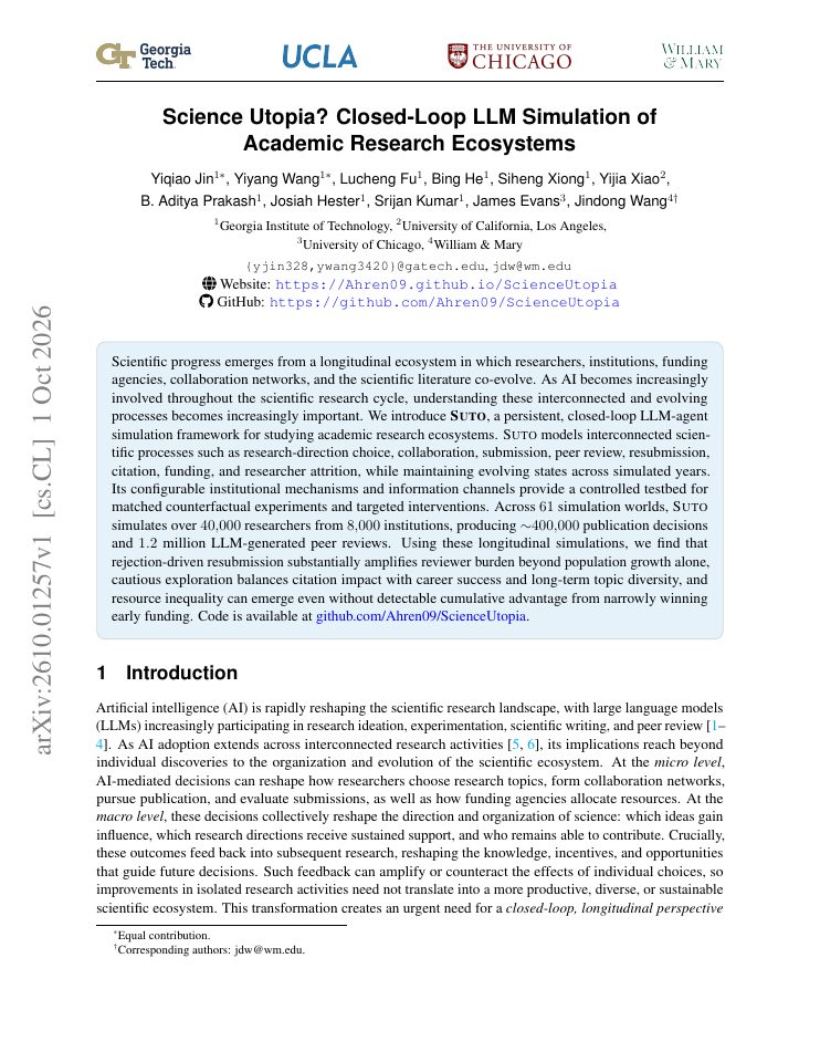 First page of Science Utopia? Closed-Loop LLM Simulation of Academic Research Ecosystems
