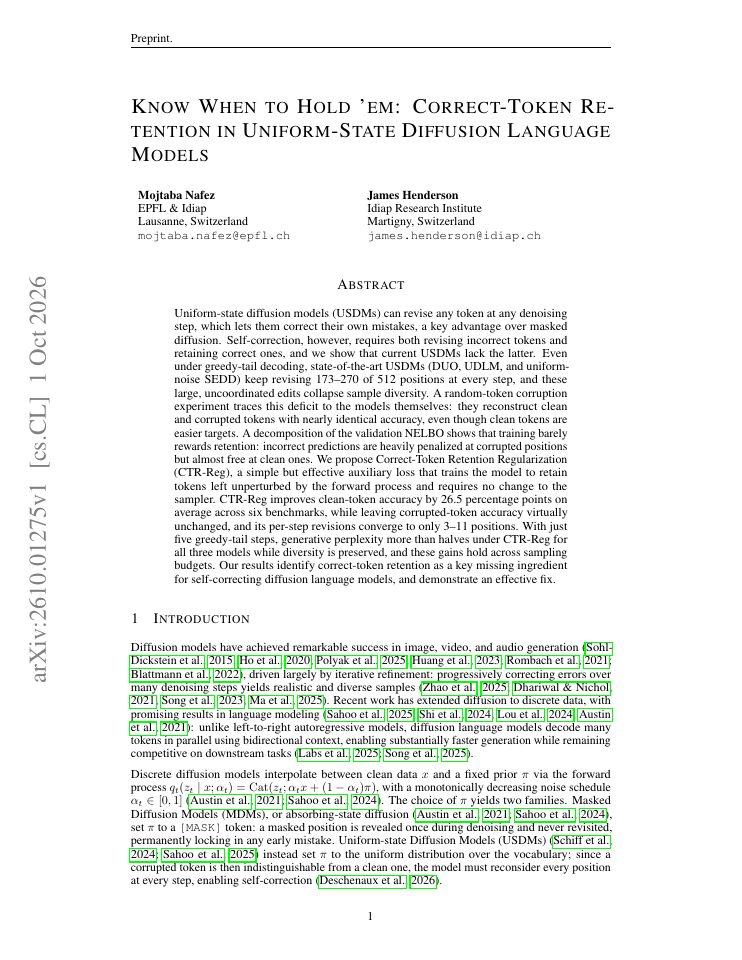 First page of Know When to Hold 'em: Correct-Token Retention in Uniform-State Diffusion Language Models