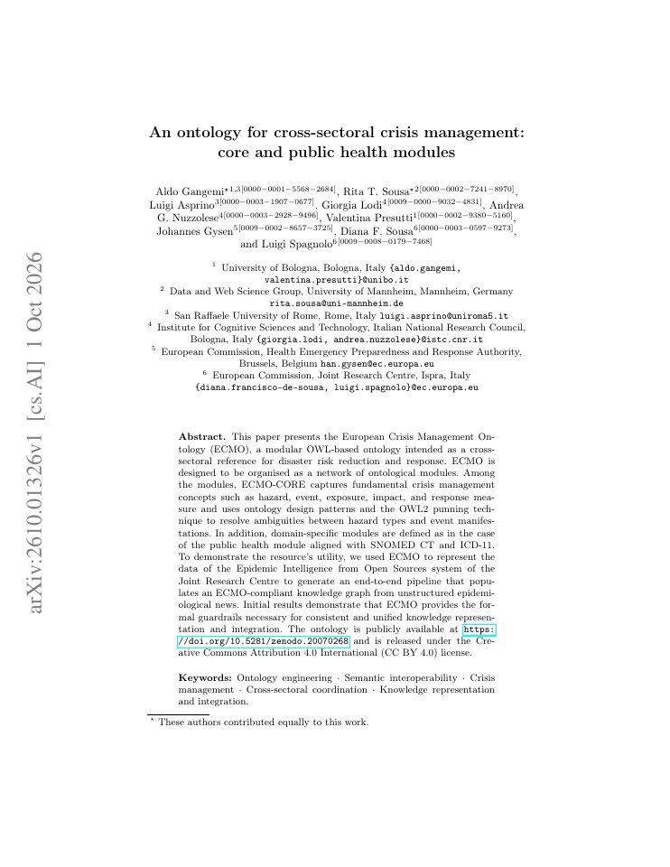 First page of An ontology for cross-sectoral crisis management: core and public health modules