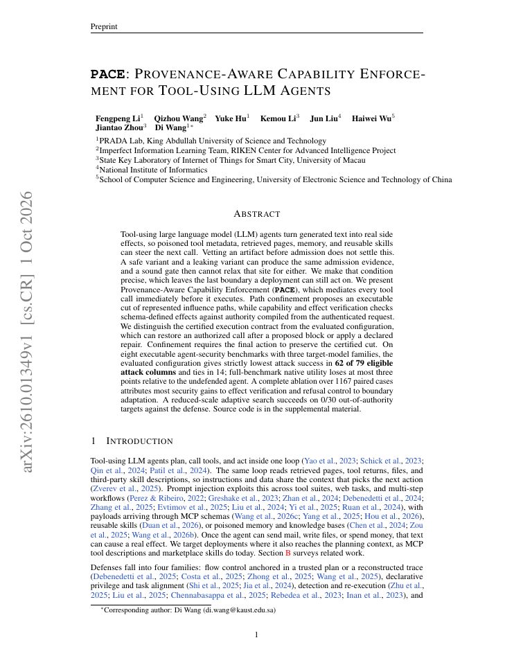 First page of PACE: Provenance-Aware Capability Enforcement for Tool-Using LLM Agents