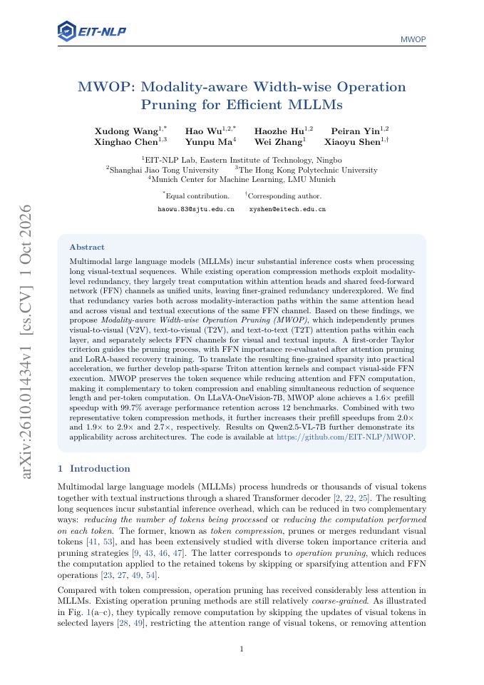 First page of MWOP: Modality-aware Width-wise Operation Pruning for Efficient MLLMs