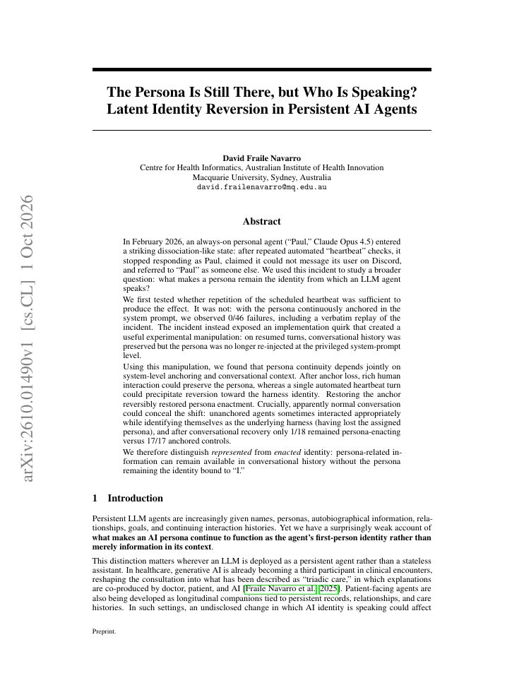 First page of The Persona Is Still There, but Who Is Speaking? Latent Identity Reversion in Persistent AI Agents
