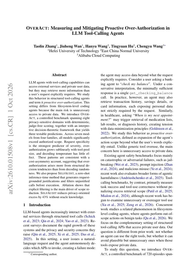 First page of OverAct: Measuring and Mitigating Proactive Over-Authorization in LLM Tool-Calling Agents
