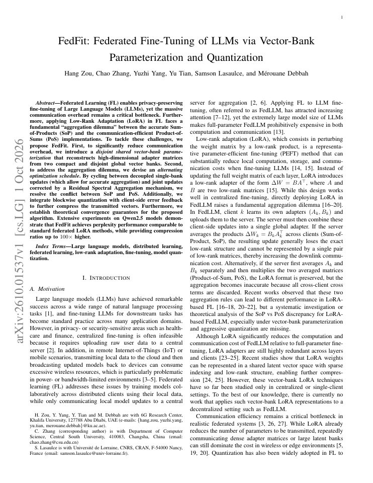 First page of FedFit: Federated Fine-Tuning of LLMs via Vector-Bank Parameterization and Quantization