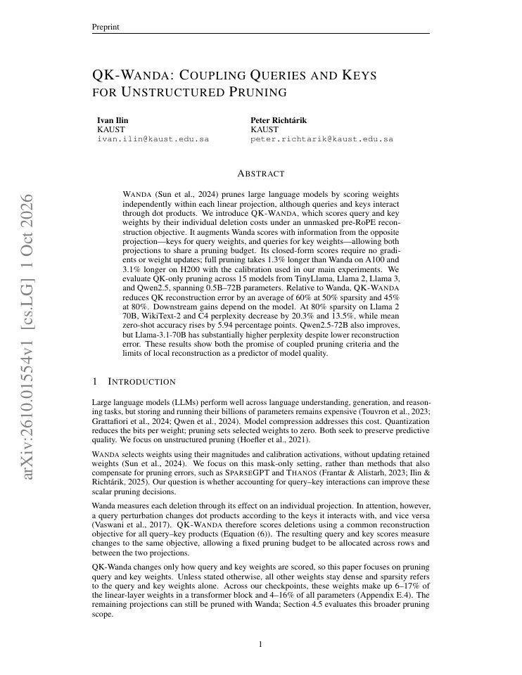First page of QK-Wanda: Coupling Queries and Keys for Unstructured Pruning