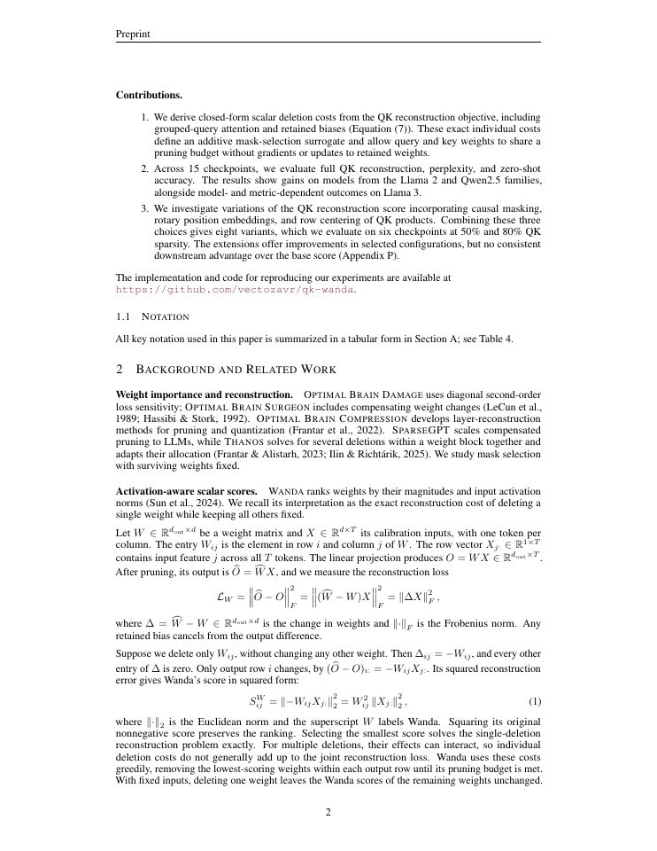 Page 2 of QK-Wanda: Coupling Queries and Keys for Unstructured Pruning