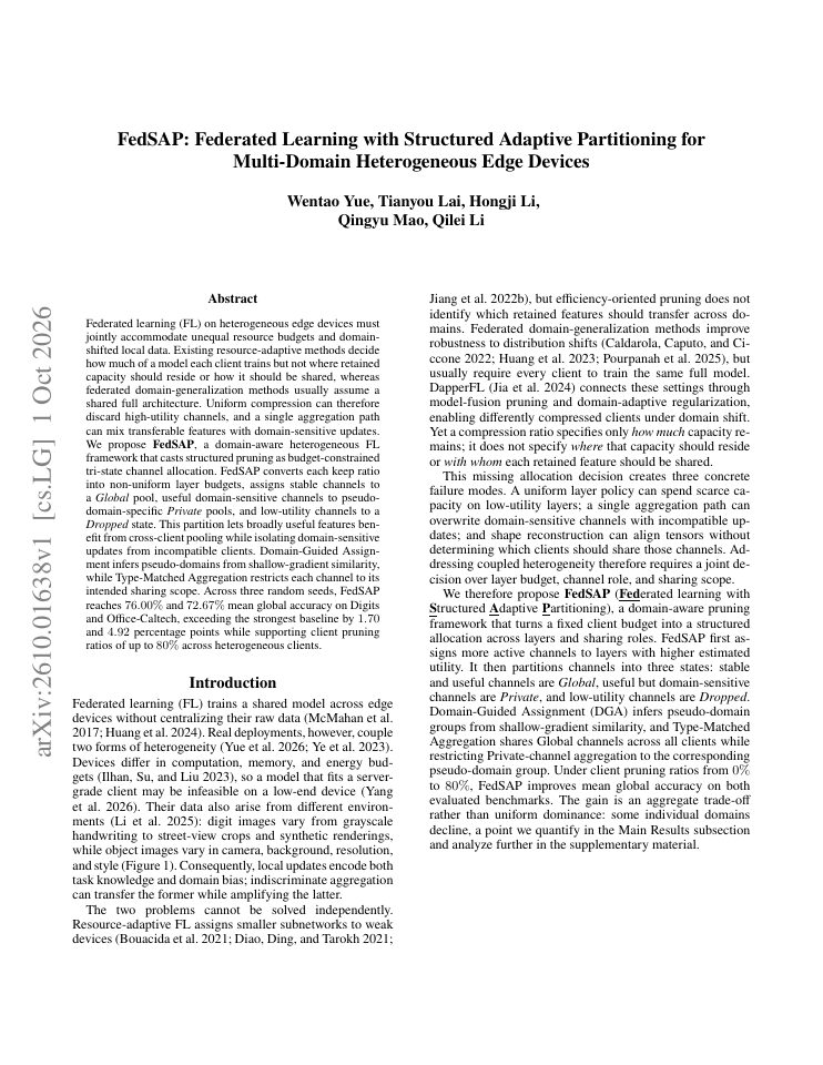 First page of FedSAP: Federated Learning with Structured Adaptive Partitioning for Multi-Domain Heterogeneous Edge Devices