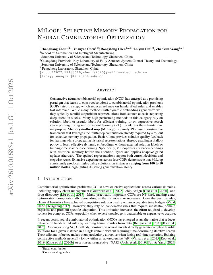 First page of MiLoop: Selective Memory Propagation for Neural Combinatorial Optimization