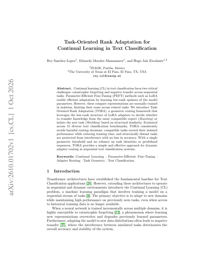 First page of Task-Oriented Rank Adaptation for Continual Learning in Text Classification