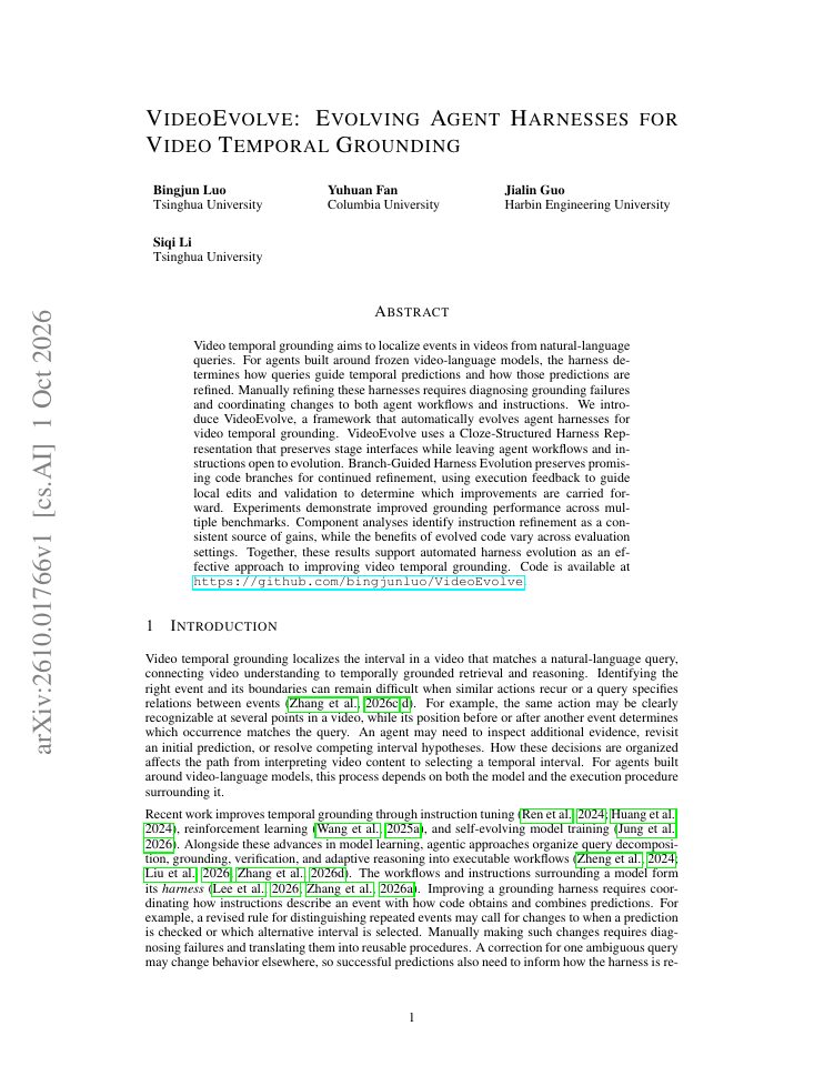 First page of VideoEvolve: Evolving Agent Harnesses for Video Temporal Grounding