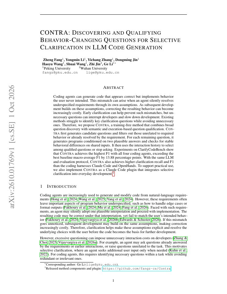 First page of CONTRA: Discovering and Qualifying Behavior-Changing Questions for Selective Clarification in LLM Code Generation