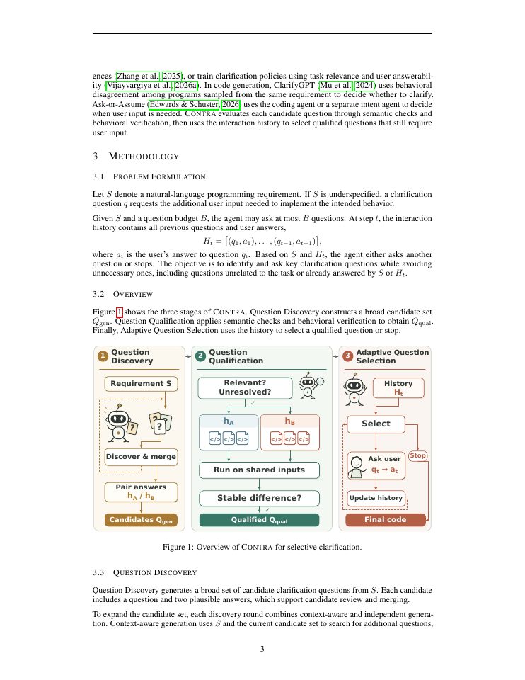 Page 3 of CONTRA: Discovering and Qualifying Behavior-Changing Questions for Selective Clarification in LLM Code Generation