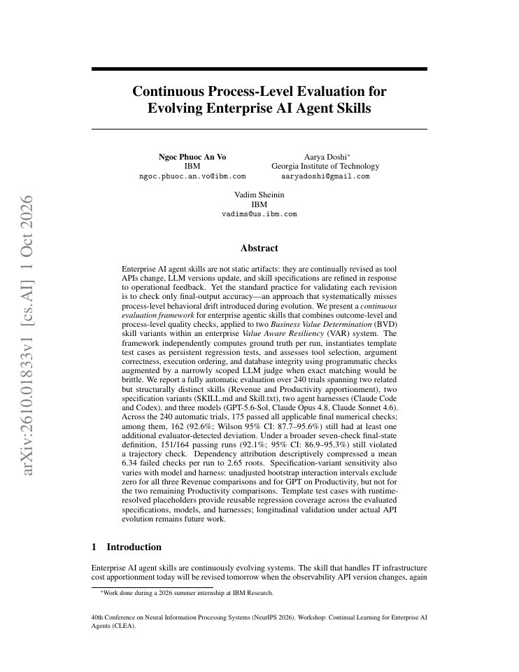 First page of Continuous Process-Level Evaluation for Evolving Enterprise AI Agent Skills