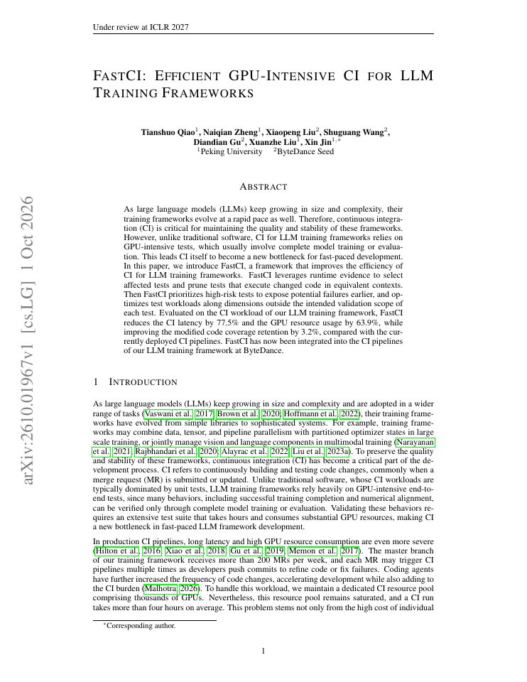 First page of FastCI: Efficient GPU-Intensive CI for LLM Training Frameworks