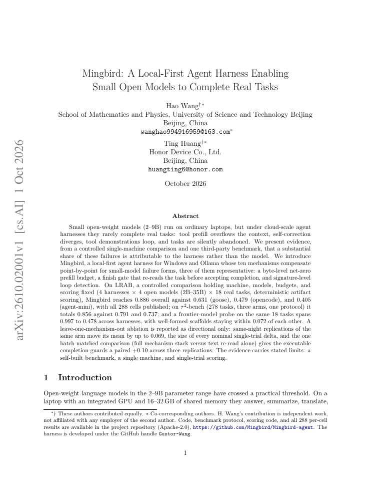 First page of Mingbird: A Local-First Agent Harness Enabling Small Open Models to Complete Real Tasks