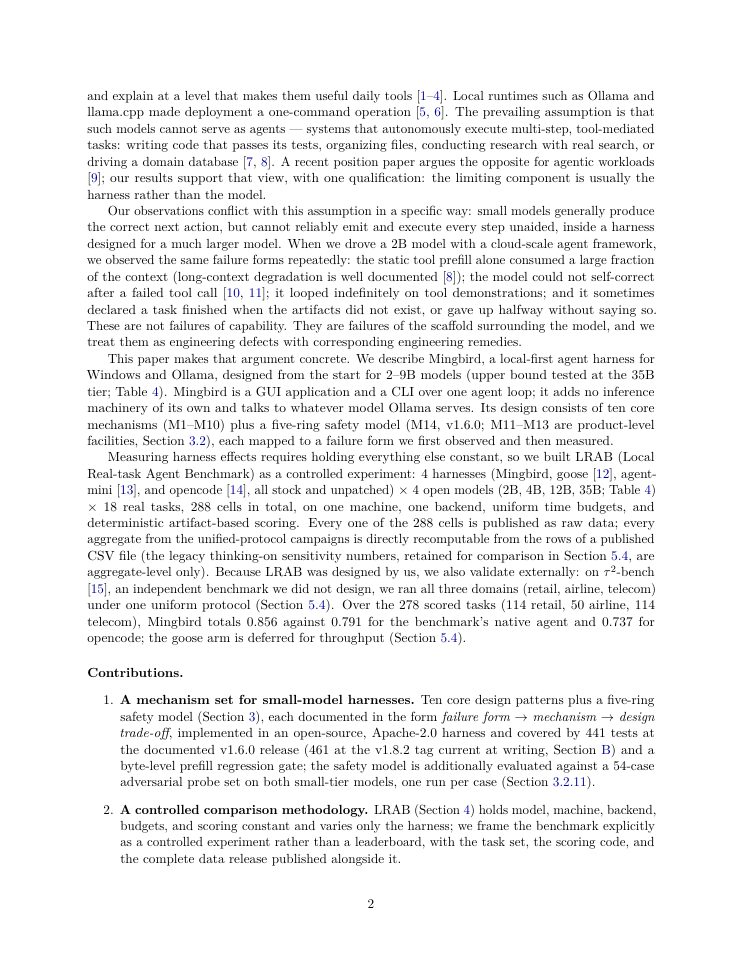 Page 2 of Mingbird: A Local-First Agent Harness Enabling Small Open Models to Complete Real Tasks