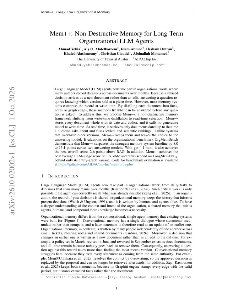First page of Mem++: Non-Destructive Memory for Long-Term Organizational LLM Agents