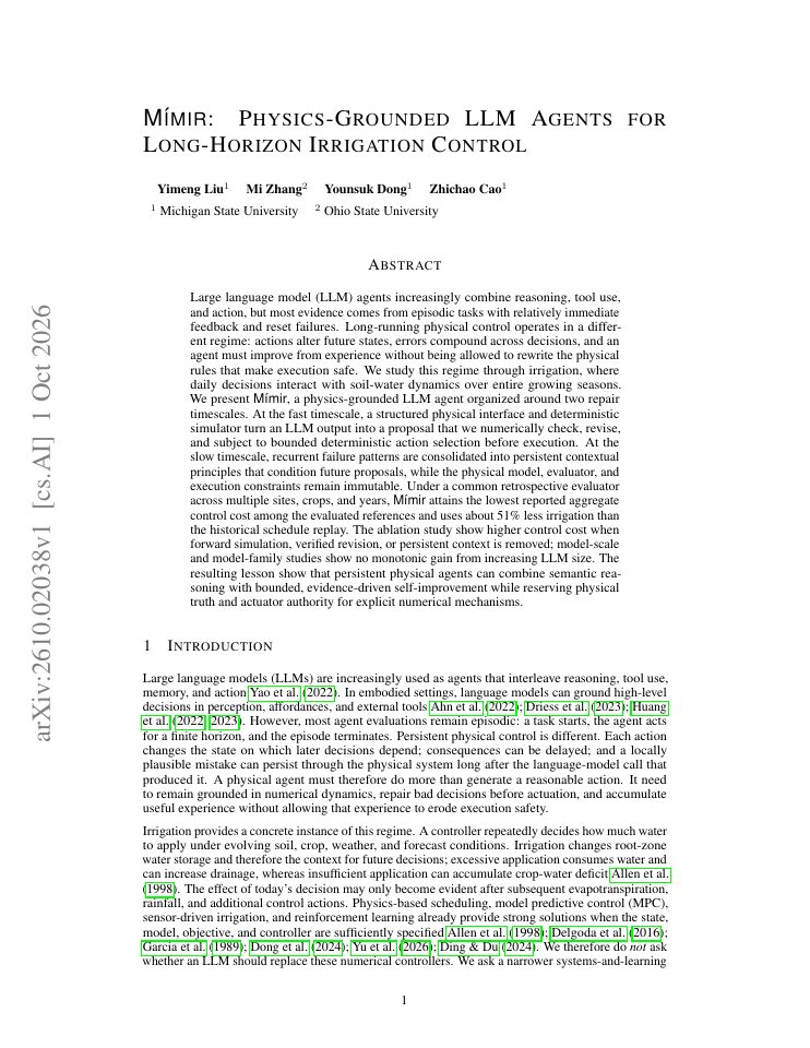 First page of Mimir: Physics-Grounded LLM Agents for Long-Horizon Irrigation Control