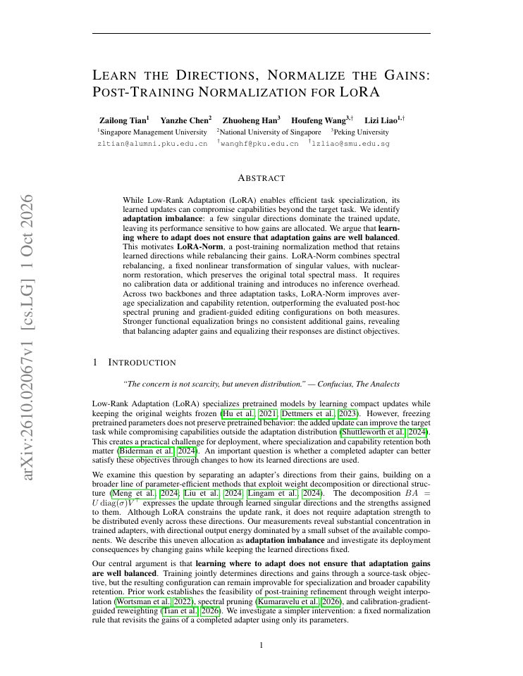 First page of Learn the Directions, Normalize the Gains: Post-Training Normalization for LoRA
