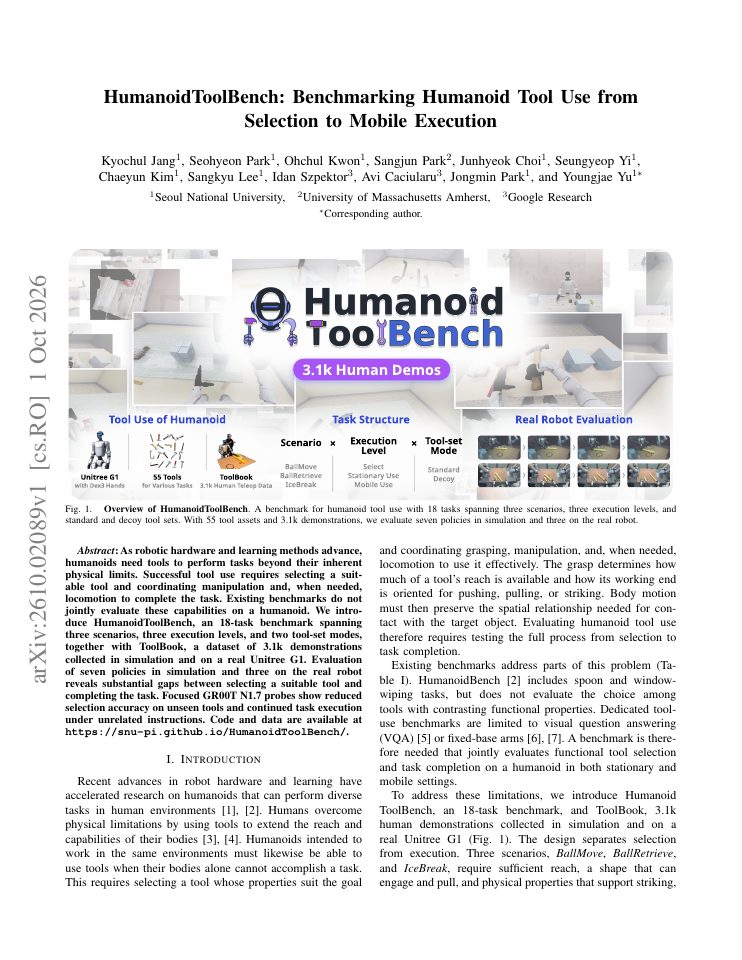 First page of HumanoidToolBench: Benchmarking Humanoid Tool Use from Selection to Mobile Execution